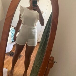 Fashion Nova White Denim Romper with Silver Zipper